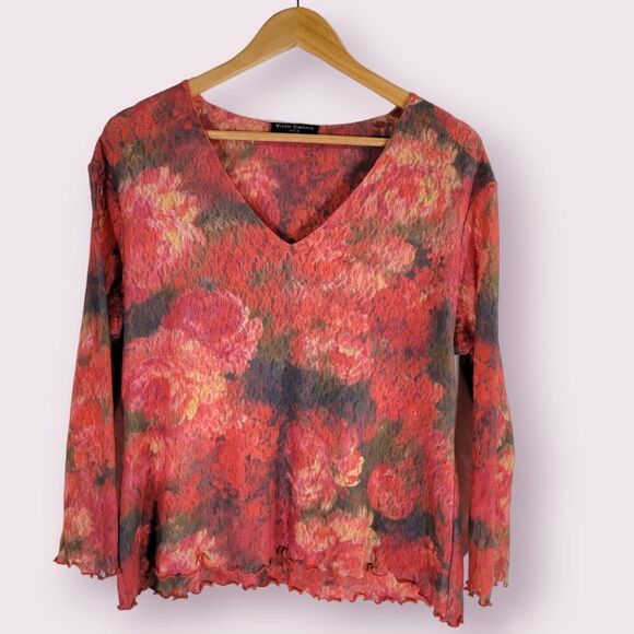 VICTOR CARLINI Floral Lace Top Sz XL Lettuce Trim 90s 2000s Watercolor Pink - Picture 7 of 8